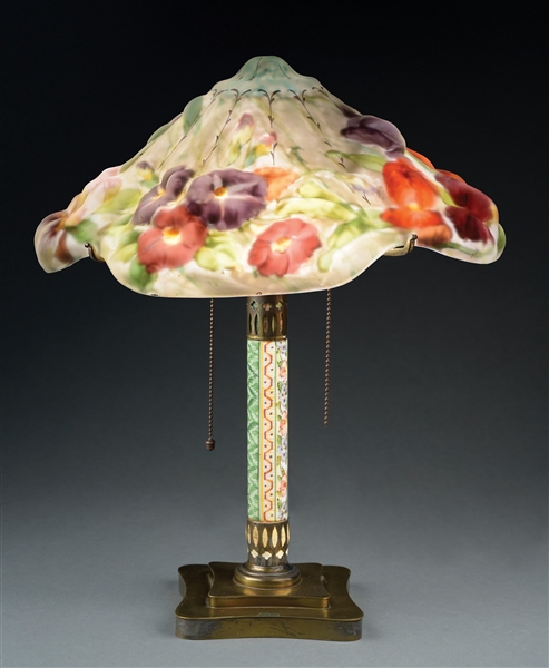 PAIRPOINT ROSE AND IRIS PUFFY TABLE LAMP.