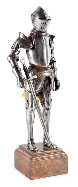 VICTORIAN MINIATURE SUIT OF ARMOR WITH SWORD, IN GERMAN STYLE.