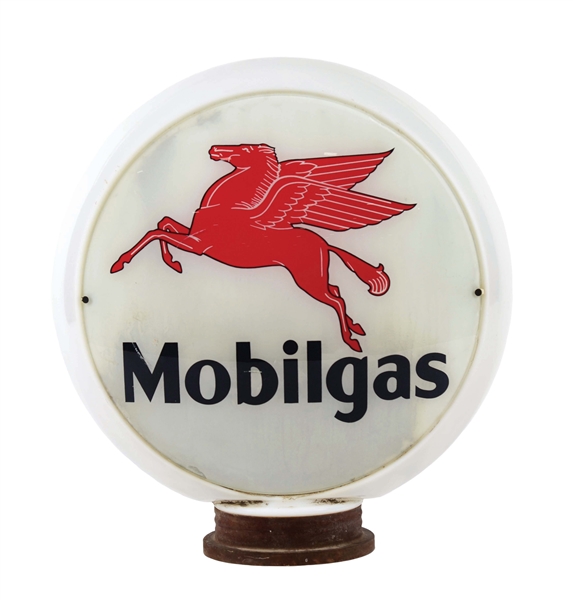 MOBILGAS GASOLINE COMPLETE 13.5" GLOBE ON NARROW MILK GLASS BODY W/ SCREW BASE. 