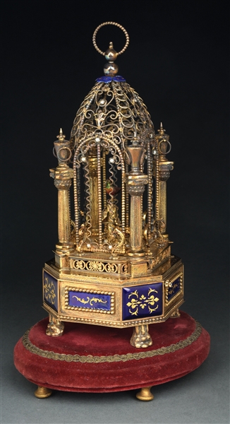 BLUE ENAMELLED BIRD CAGE MUSIC BOX WITH STAND.