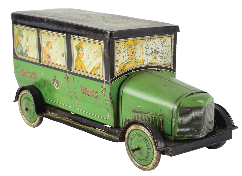 DELSER ITALIAN BISCUIT TIN IN FORM OF GREEN LIMOUSINE.