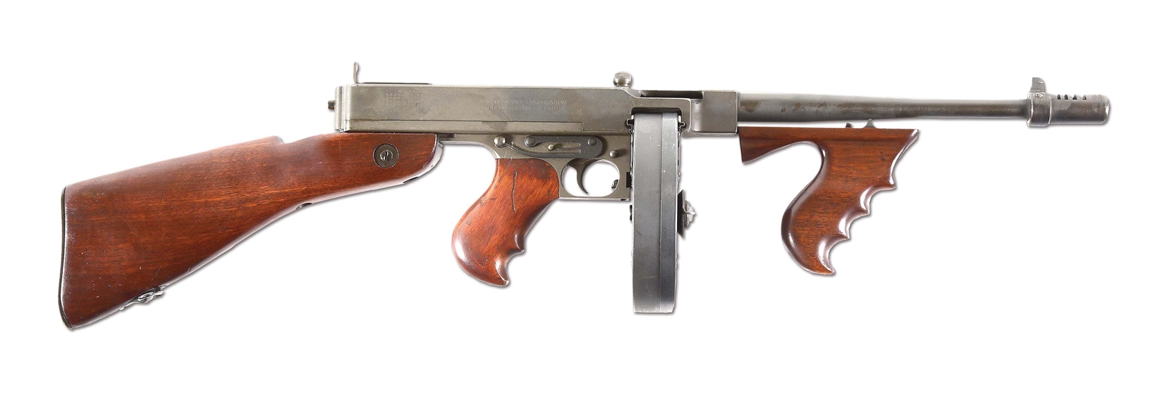(N) REFINISHED AUTO ORDNANCE 1928A1 THOMPSON MACHINE GUN WITH DRUM AND MAGAZINES (CURIO AND RELIC).