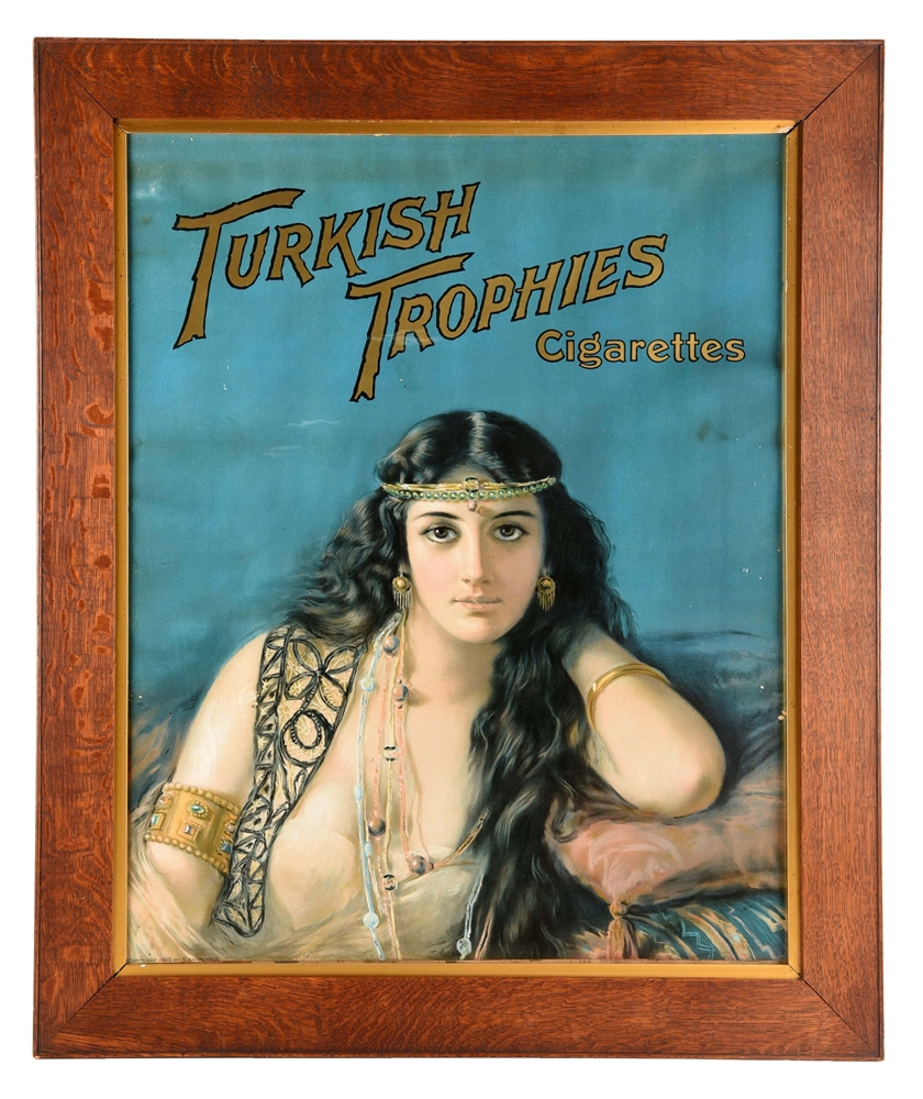 FRAMED TURKISH TROPHIES CIGARETTES PAPER LITHOGRAPH AD.