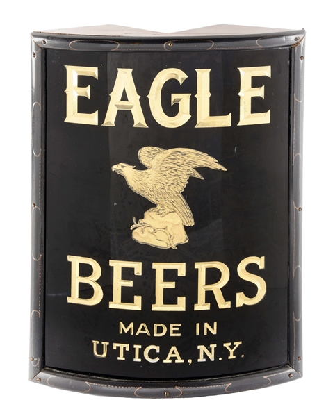 REVERSE PAINTED EAGLE BEERS GLASS CORNER SIGN.