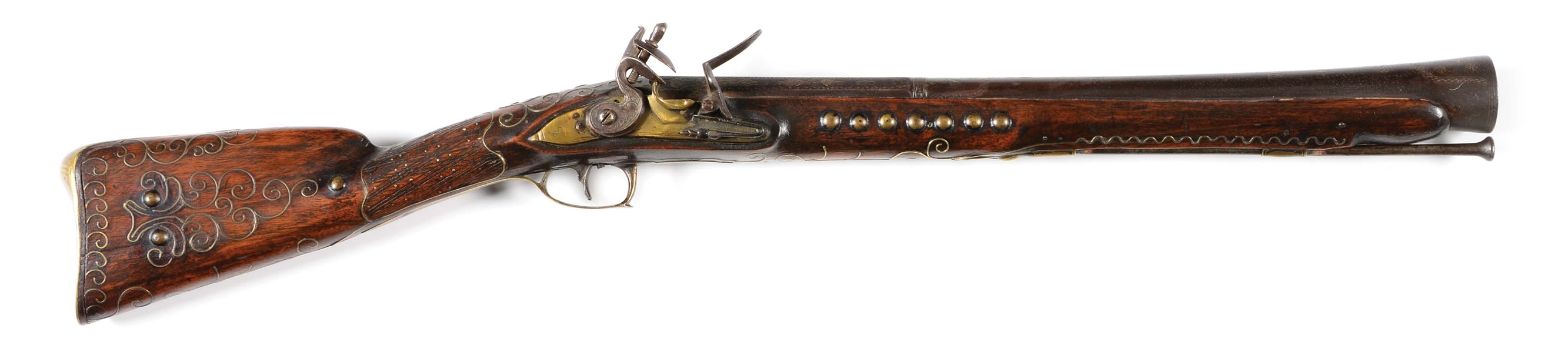 (A) A GOOD, PROBABLY MIDDLE EASTERN, DECORATED FLINTLOCK BLUNDERBUSS.