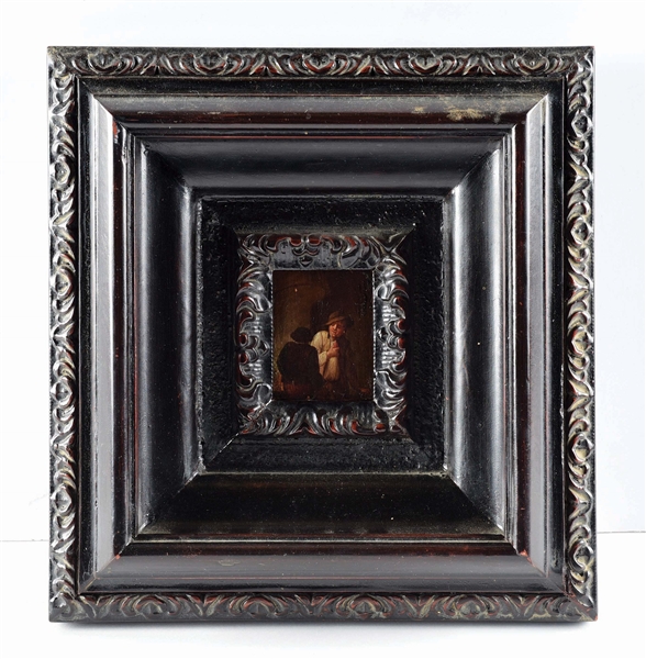 IN STYLE OF CIRCLE OF DAVID TENIERS FRAMED OIL ON BOARD PAINTING.