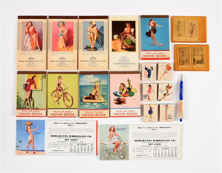 LARGE LOT OF PIN-UP MATCHES, MEMO BOOKS AND ADVERTISEMENTS.