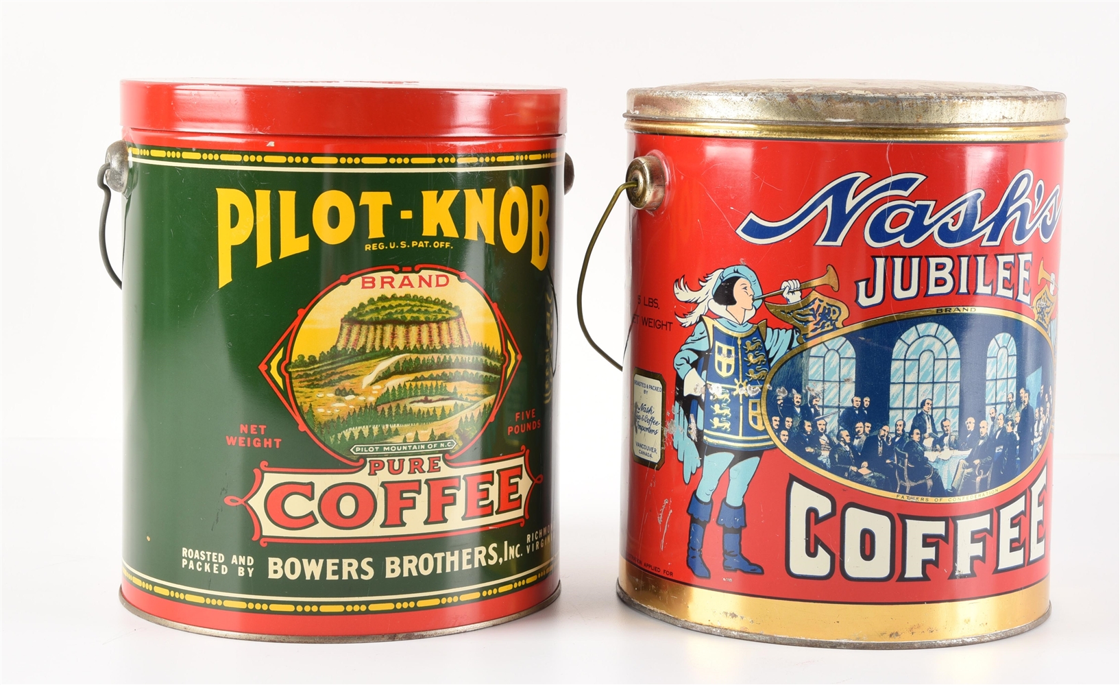 LOT OF 2: PAINTED TIN COFFEE TINS.