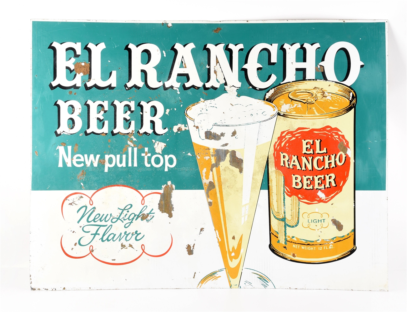 PAINTED METAL EL RANCHO BEER AND CALO DOUBLE-SIDED SIGN.