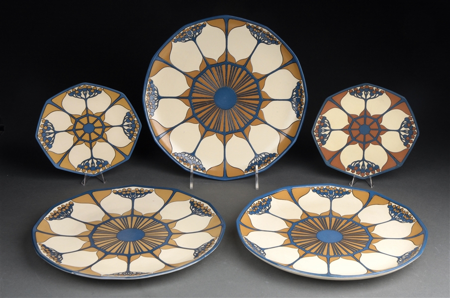LOT OF 5: METTLACH PLATES.