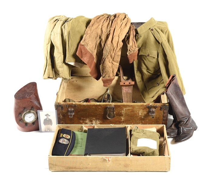 US WWI ARMY AIR SERVICE TIME CAPSULE PAINTED FOOTLOCKER, UNIFORM, PHOTO, AND DOCUMENT GROUPING.