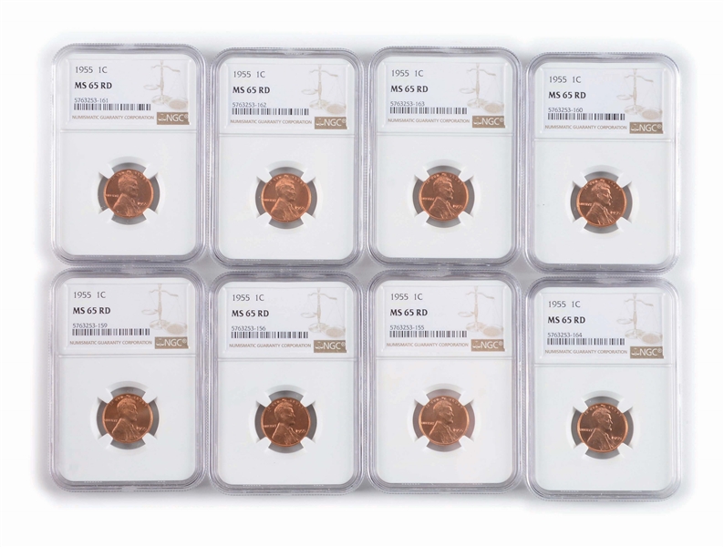 LOT OF 50: 1955 LINCOLN CENTS, NGC, MS65, RD.