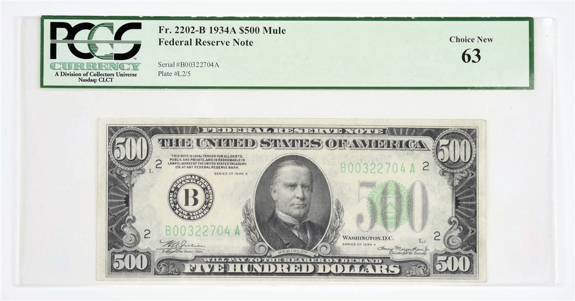$500 1934A FR. 2202-B MULE FEDERAL RESERVE NOTE.