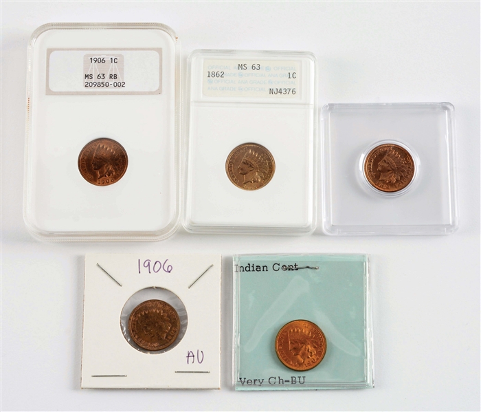 LOT OF 5: INDIAN HEAD CENTS.
