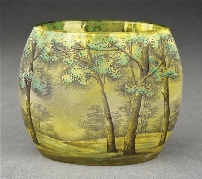 SMALL DAUM VASE WITH FOREST SCENE.