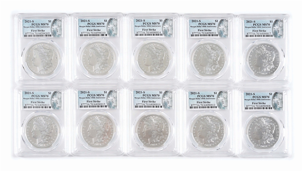 LOT OF 10: 2021-S MORGAN SILVER DOLLARS, ALL MS70 PCGS.