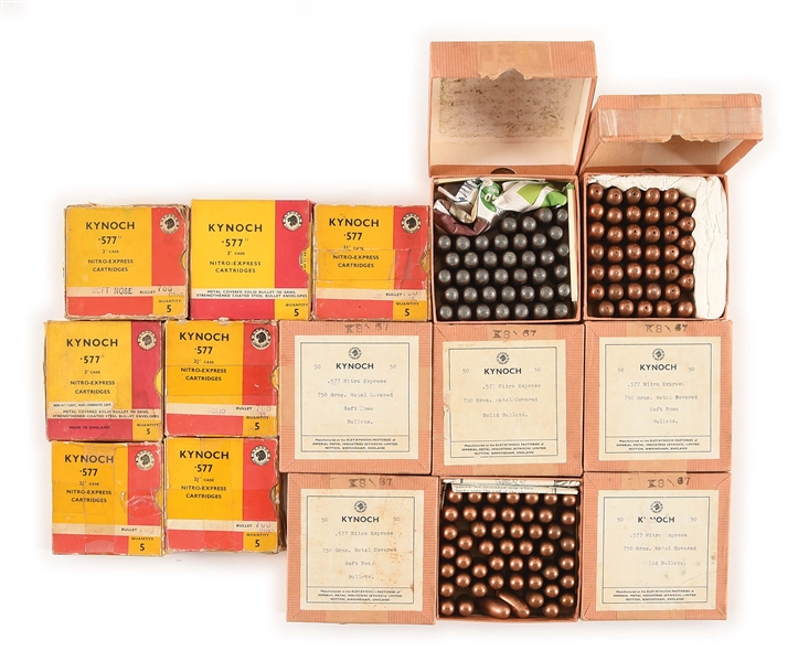 LOT OF 14: BOXES OF KYNOCH .577 NITRO EXPRESS AMMUNITION AND PROJECTILES.