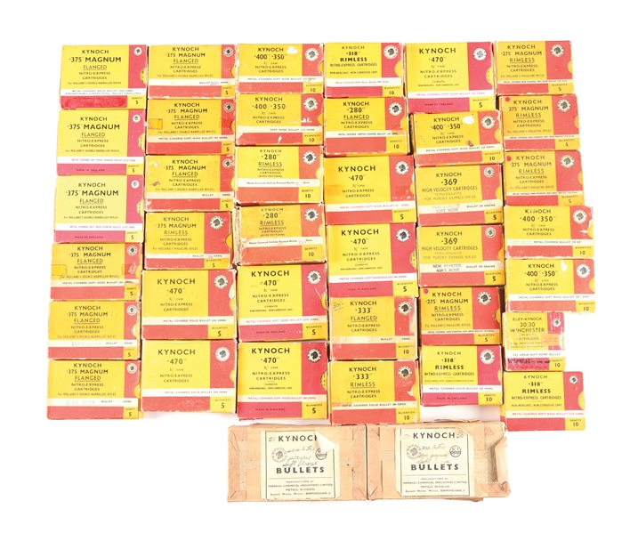 LOT OF 39: BOXES OF VARIOUS KYNOCH NITRO EXPRESS AMMUNITION AND PROJECTILES.