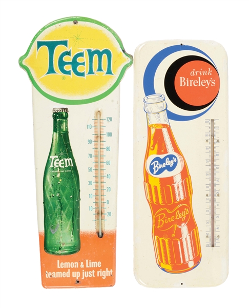 LOT OF 2: PAINTED TIN SODA POP THERMOMETERS.