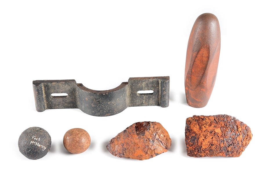 LOT OF 6: ARTILLERY PROJECTILES AND HARDWARE.
