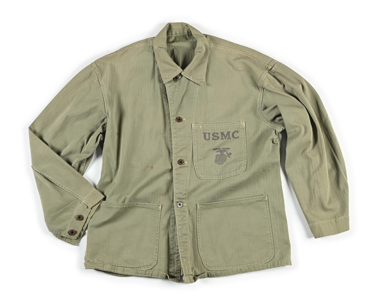 US WWII 4TH MARINE DIVISION UNIS MARKED P41 FATIGUE JACKET NAMED TO LT. CHARLES J. ADAMSSON, IWO JIMA.
