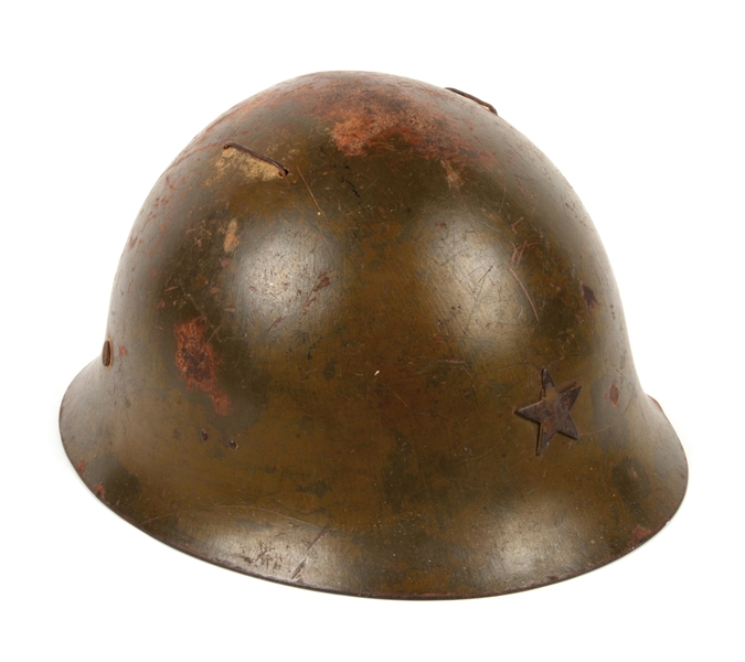 JAPANESE WWII BATTLE DAMAGED HELMET WITH FOLIAGE WIRE AND LINER.