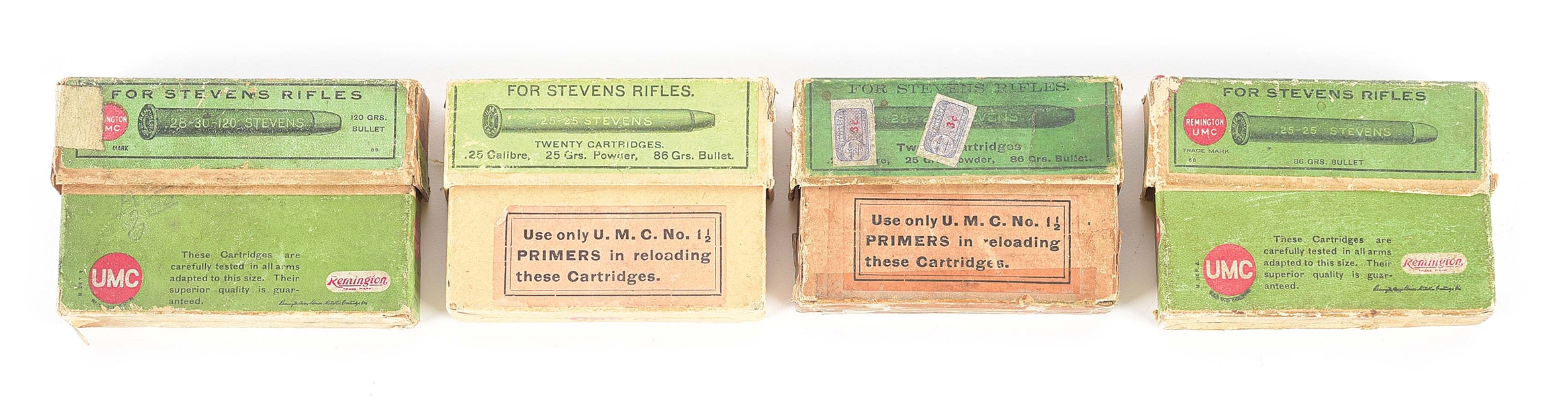 LOT OF 4: UMC CARTRIDGE BOXES FOR STEVENS SINGLE SHOT RIFLES.