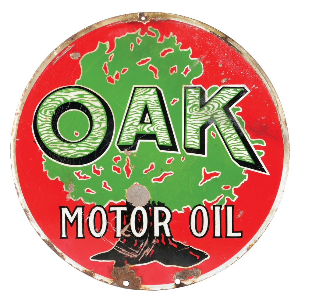 EXCEEDINGLY RARE OAK MOTOR OIL SIGN.