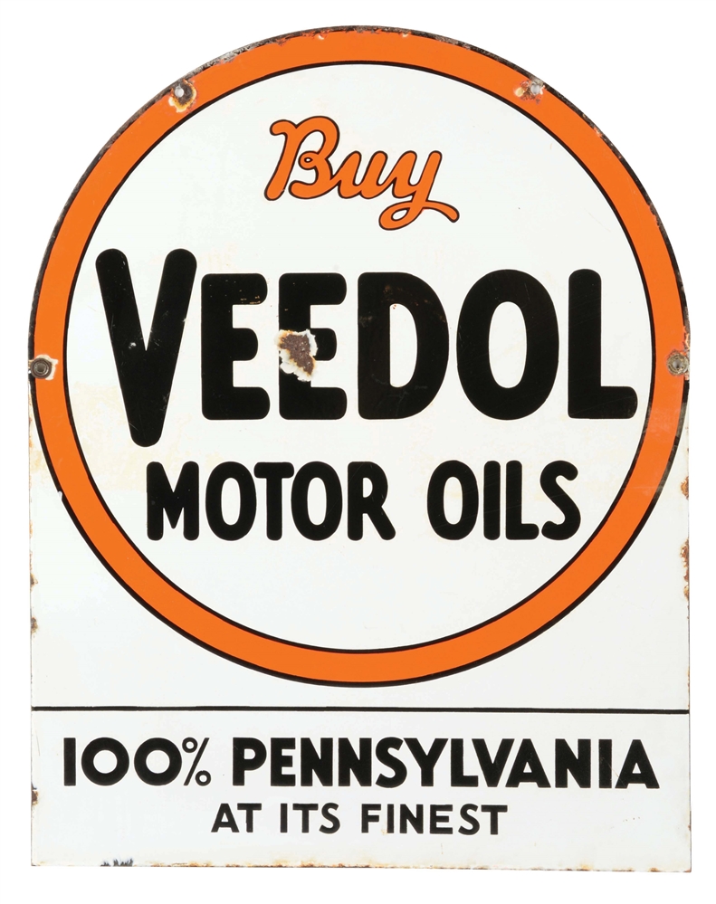 VEEDOL MOTOR OILS PORCELAIN TOMBSTONE SIGN.