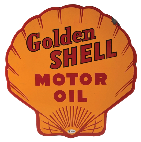 GOLDEN SHELL MOTOR OIL DIE CUT PORCELAIN OIL RACK SIGN. 
