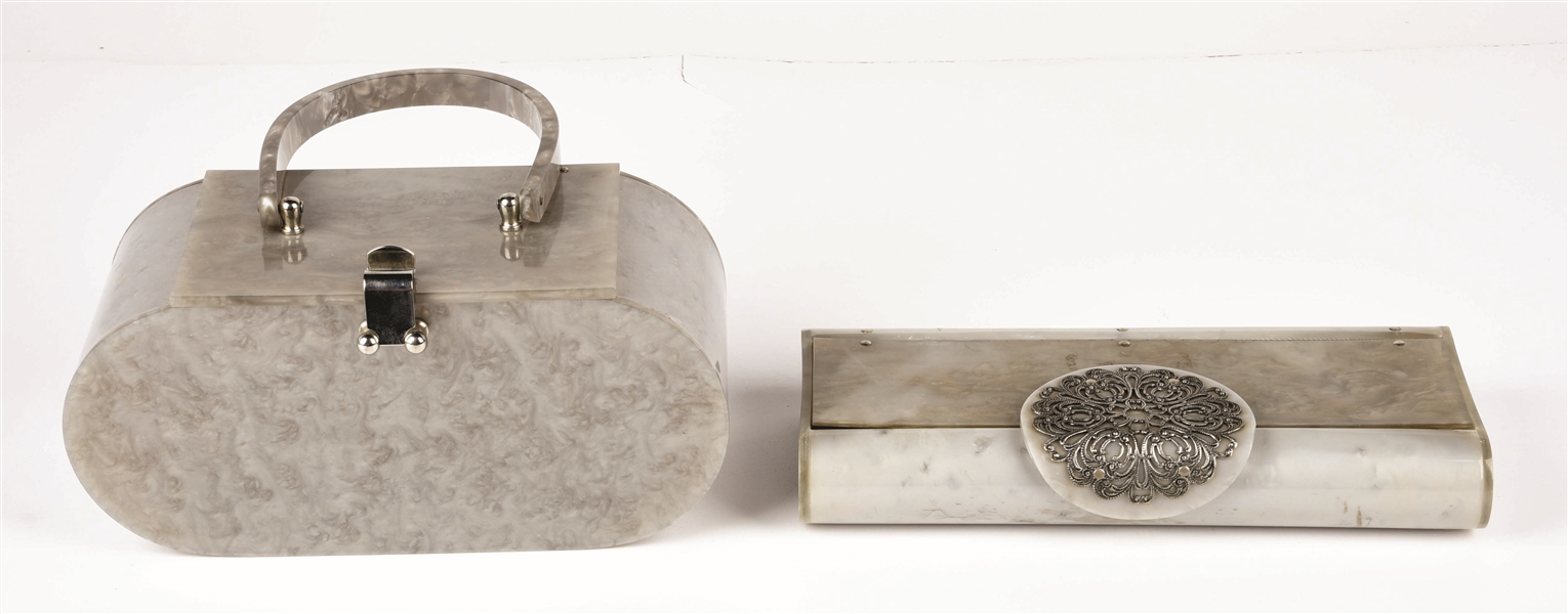 LOT OF 2: GRAY MARBLED LUCITE HANDBAGS.