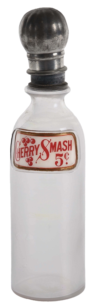5¢ CHERRY SMASH LABEL UNDER GLASS SODA FOUNTAIN SYRUP BOTTLE.
