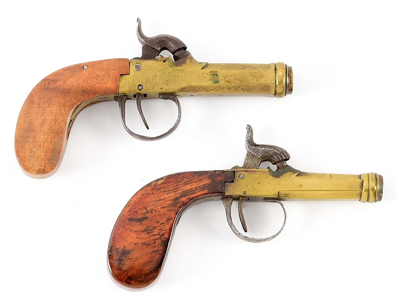 (A) LOT OF 2: BELGIAN BRASS PERCUSSION PISTOLS.
