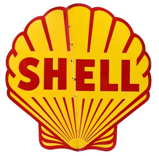 INCREDIBLE SHELL GASOLINE TWO PIECE PORCELAIN BUILDING SIGN. 