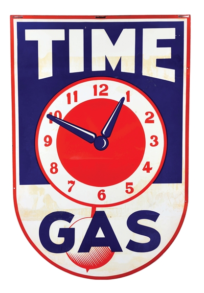 TIME GASOLINE PORCELAIN SERVICE STATION SIGN W/ CLOCK FACE GRAPHIC. 