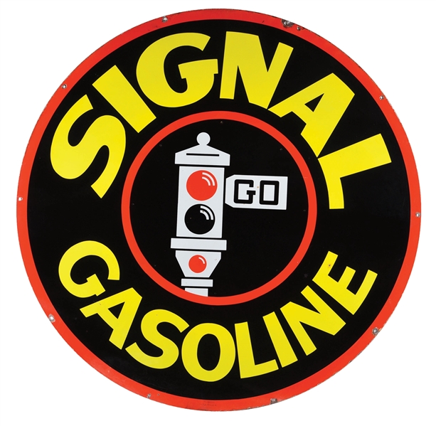 SIGNAL GASOLINE PORCELAIN SERVICE STATION SIGN W/ STOP LIGHT GRAPHIC. 