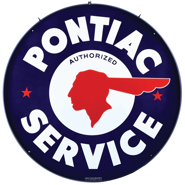 PONTIAC AUTHORIZED SERVICE PORCELAIN SIGN W/ FULL FEATHERED NATIVE AMERICAN GRAPHIC. 