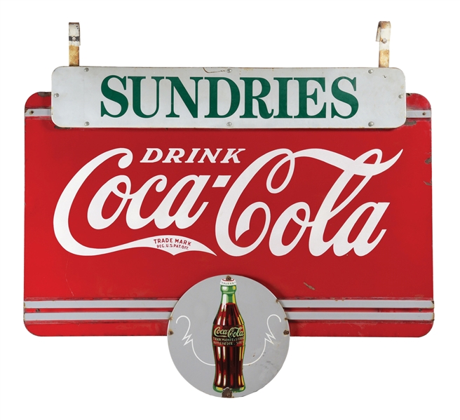 DRINK COCA COLA "SUNDRIES" NINE PIECE PORCELAIN SIGN W/ ORIGINAL IRON HANGERS. 