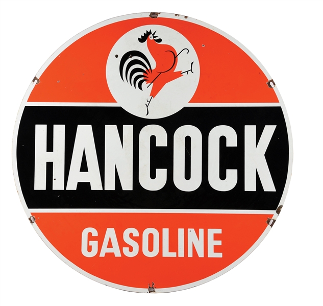HANCOCK GASOLINE PORCELAIN SERVICE STATION SIGN W/ STRUTTING ROOSTER GRAPHIC. 
