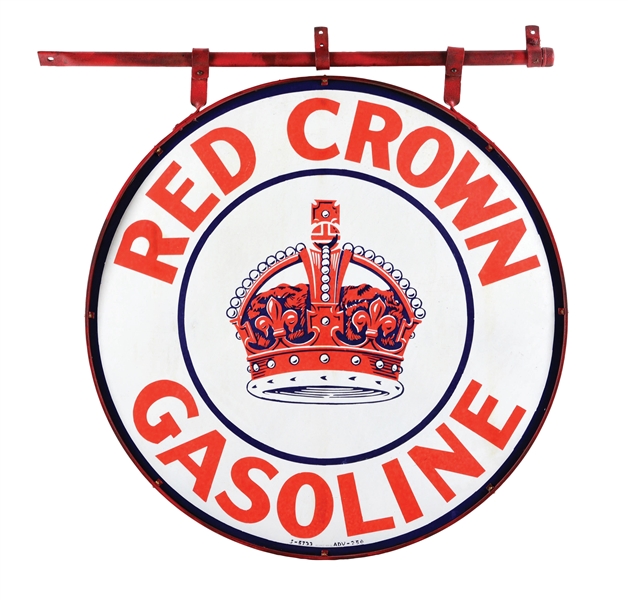 RED CROWN GASOLINE PORCELAIN SERVICE STATION SIGN W/ ORIGINAL RING & POLE ATTACHMENT. 