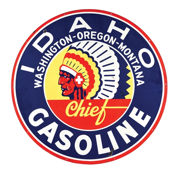 IDAHO CHIEF GASOLINE PORCELAIN SERVICE STATION SIGN W/ NATIVE AMERICAN GRAPHIC. 