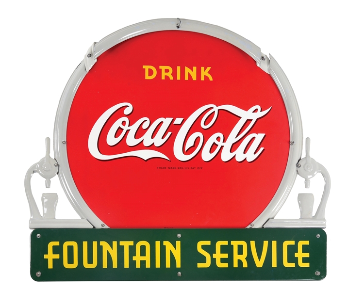 RARE DRINK COCA-COLA FOUNTAIN SERVICE PORCELAIN SIGN W/ PORCELAIN FOUNTAIN ATTACHMENTS. 