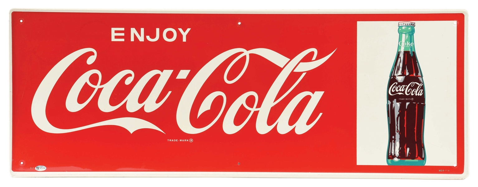 ENJOY COCA COLA TIN SIGN W/ BOTTLE GRAPHIC & SELF FRAMED EMBOSSED OUTER EDGE. 