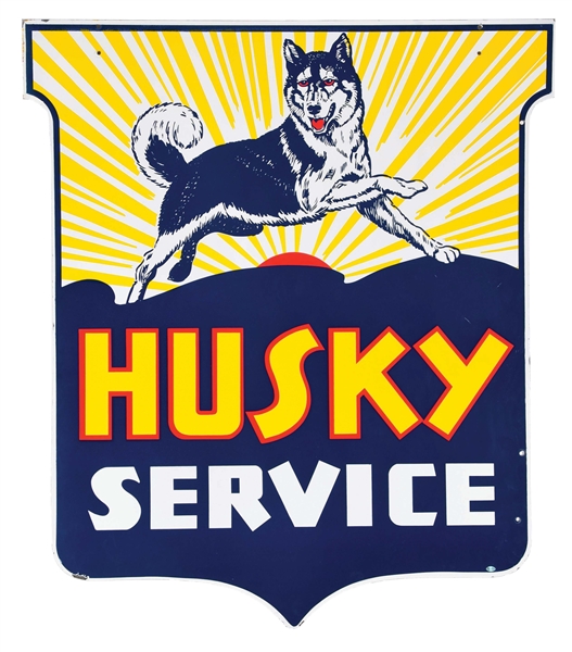 INCREDIBLE NEW OLD STOCK HUSKY SERVICE STATION PORCELAIN SHIELD SIGN W/ HUSKY DOG GRAPHIC. 