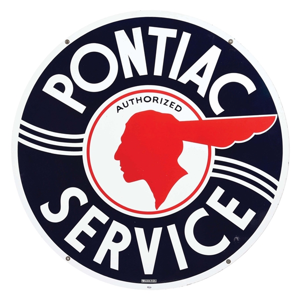 OUTSTANDING PONTIAC AUTHORIZED SERVICE PORCELAIN SIGN W/ FULL FEATHERED NATIVE AMERICAN GRAPHIC. 