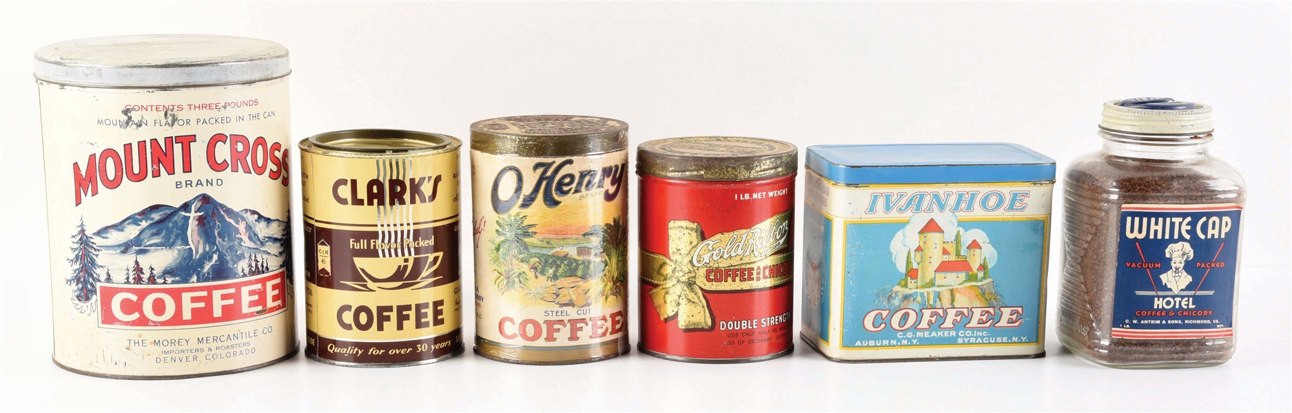 LOT OF 6: MISCELLANEOUS COFFEE TINS AND A GLASS COFFEE JAR.