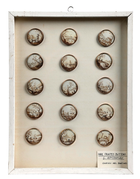 EXTREMELY RARE SET OF 15 HAIR PAINTED BUTTONS DEPICTING SCENES W/PAPERWORK.