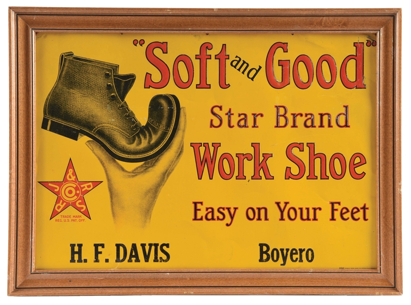 FRAMED H.F. DAVIS "SOFT AND GOOD" WORK SHOE AD.