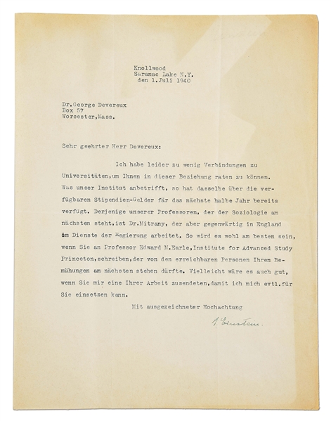 JULY 1940 LETTER TYPED AND SIGNED BY ALBERT EINSTEIN.