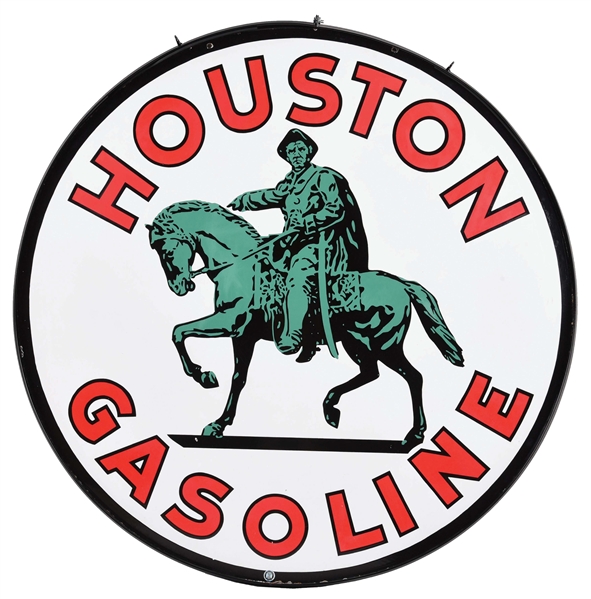 INCREDIBLE HOUSTON GASOLINE PORCELAIN SERVICE STATION SIGN W/ SAM HOUSTON GRAPHIC. 